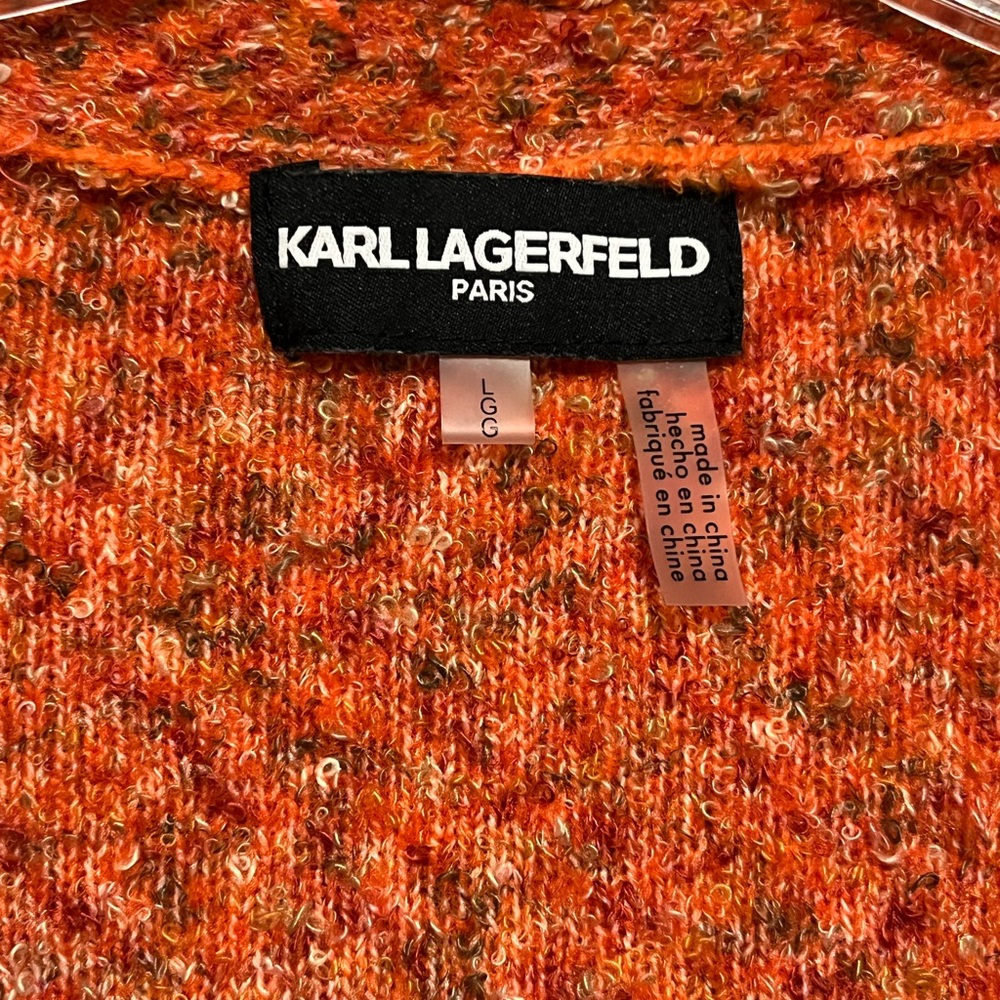 Karl Largerfeld Women's Orange Boucle Button-Up Puff Sleeve Sweater - Picture 5 of 7